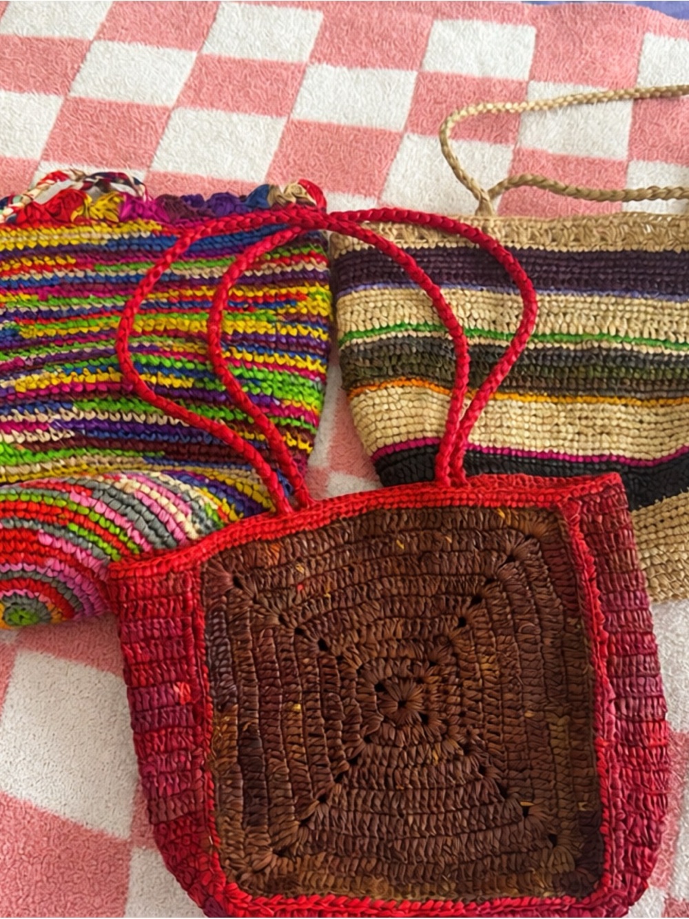 Handwoven Brown and Red Straw Tote Bag
